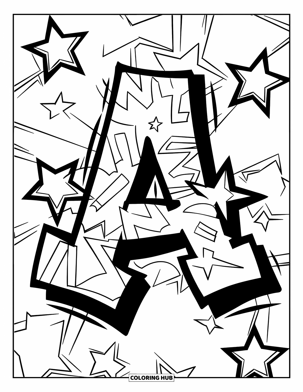 Graffiti Coloring Page for Kids: Big graffiti "A" is surrounded by playful stars in a fun design