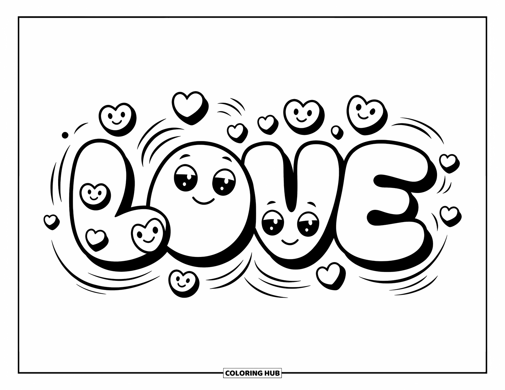Graffiti Coloring Page for Kids: Bubble letters spell "LOVE" with smiley hearts and swirls all around