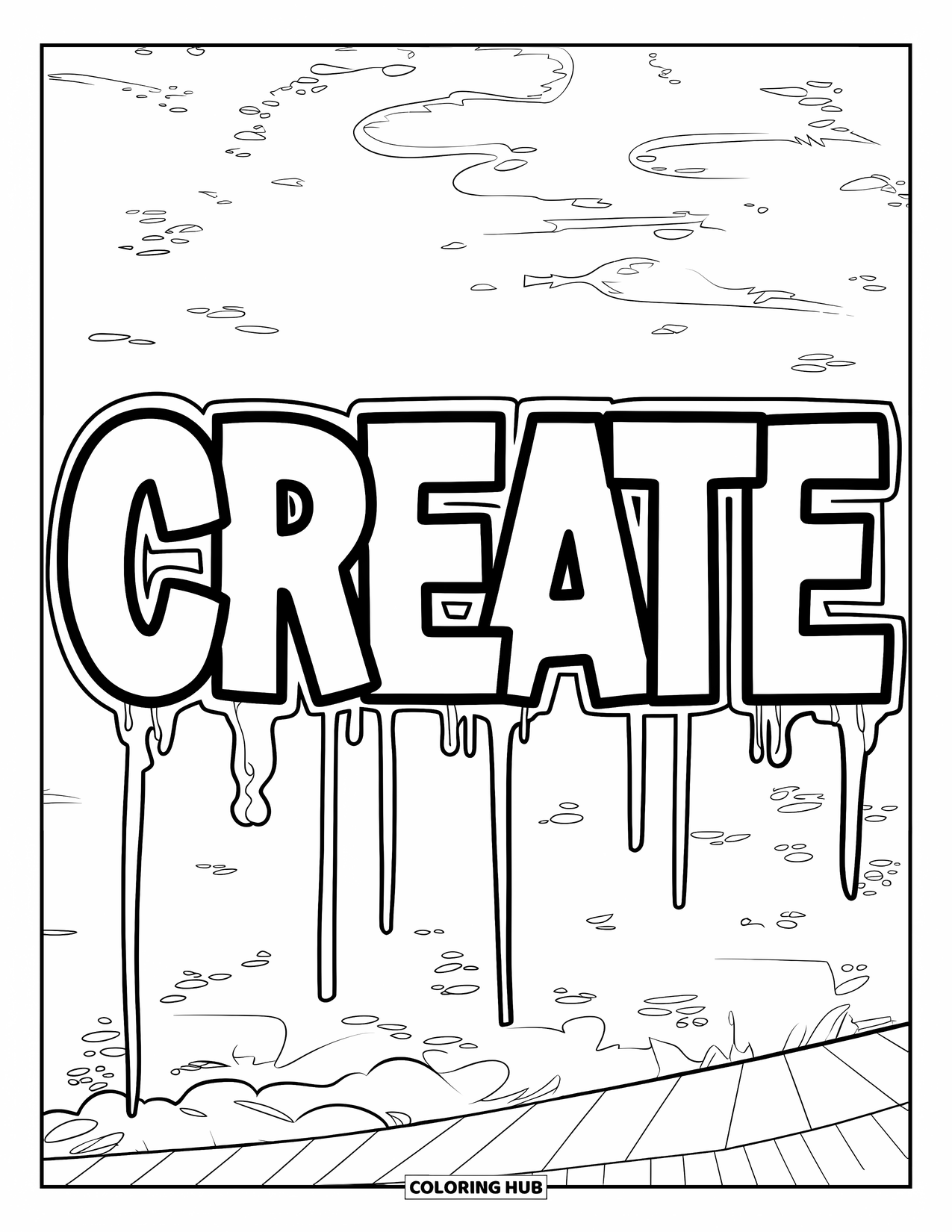Graffiti Coloring Page for Kids: "CREATE" drips down a wall with a cool, street-style vibe