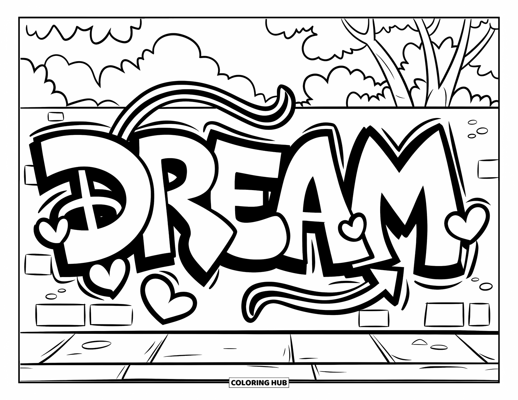 Graffiti Coloring Page for Kids: "DREAM" is drawn on a brick wall with hearts, arrows, and trees behind it