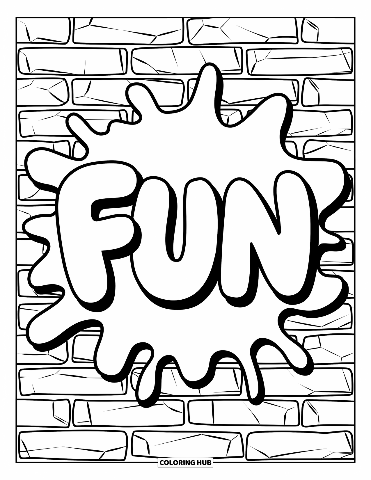Graffiti Coloring Page for Kids: "FUN" pops on a brick wall with cute splatter shapes around it