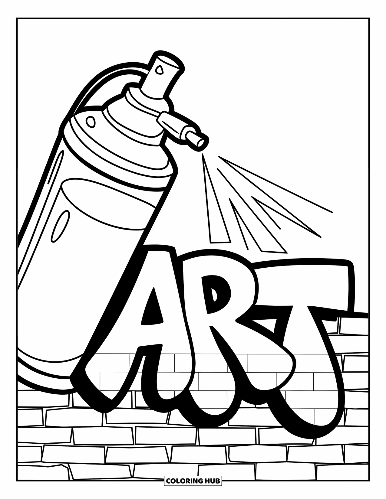 Graffiti Coloring Page for Kids: Giant spray bottle sprays "ART" on a wall under a clear sky