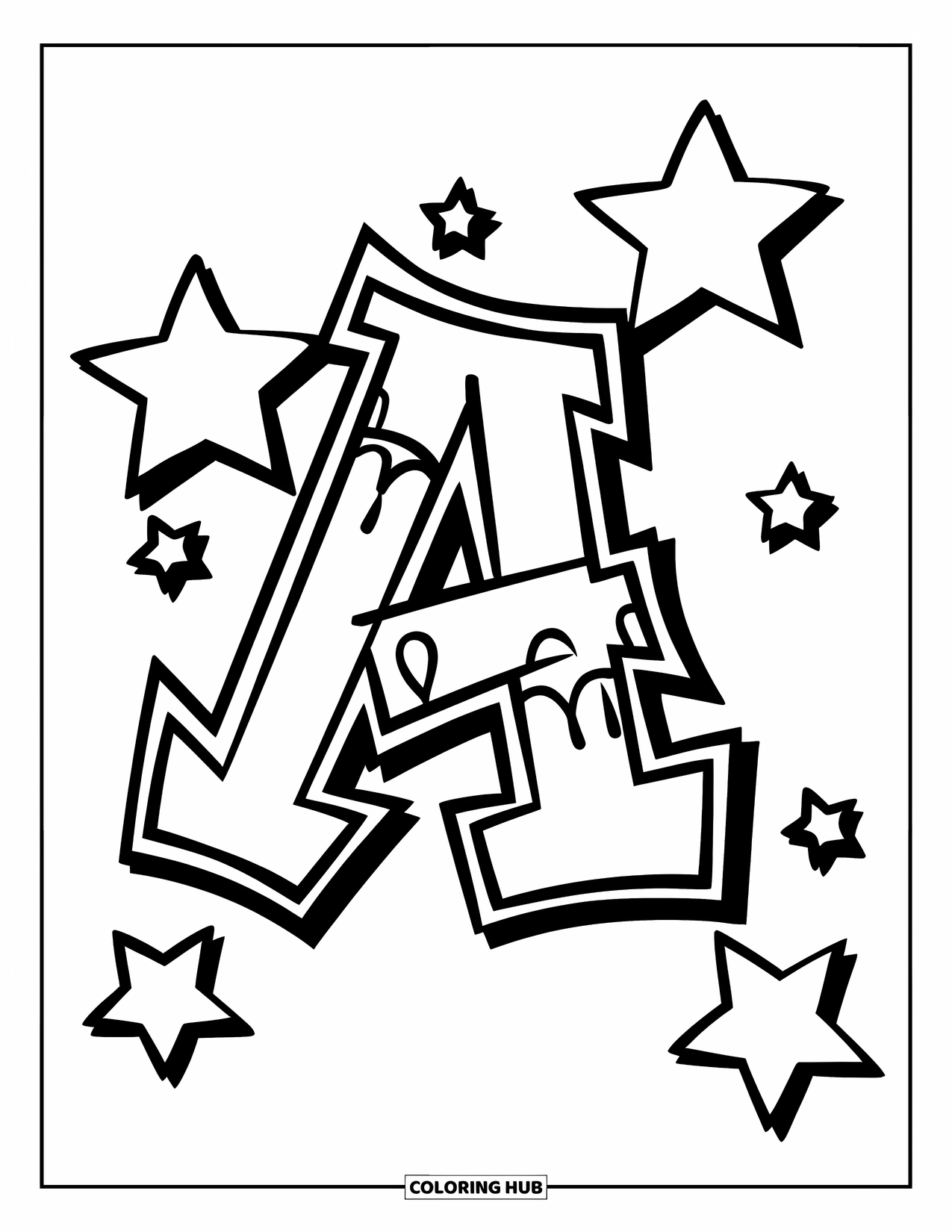Graffiti Coloring Page for Kids: Graffiti "A" pops with star doodles scattered around it