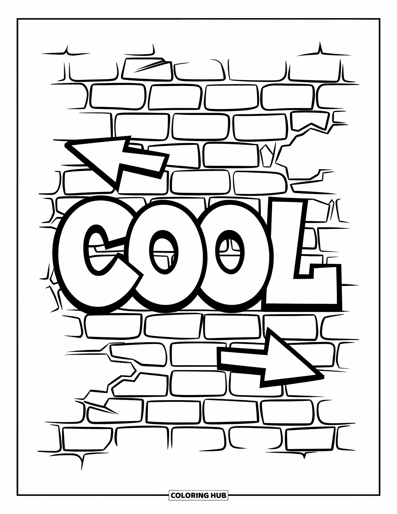 Graffiti Coloring Page for Kids: Graffiti "COOL" appears on a cracked wall with arrows pointing both ways