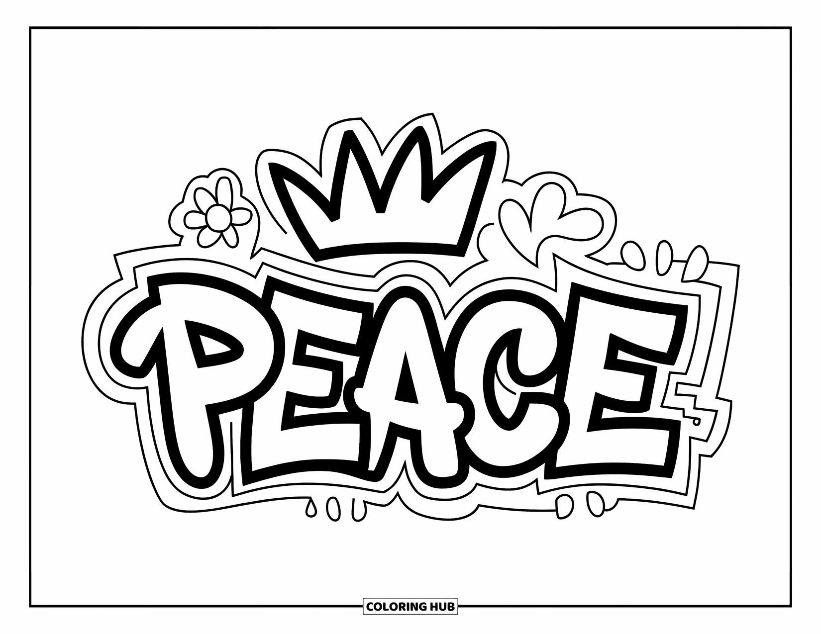 Graffiti Coloring Page for Kids: "PEACE" graffiti is decorated with a crown, heart, and fun flower doodles