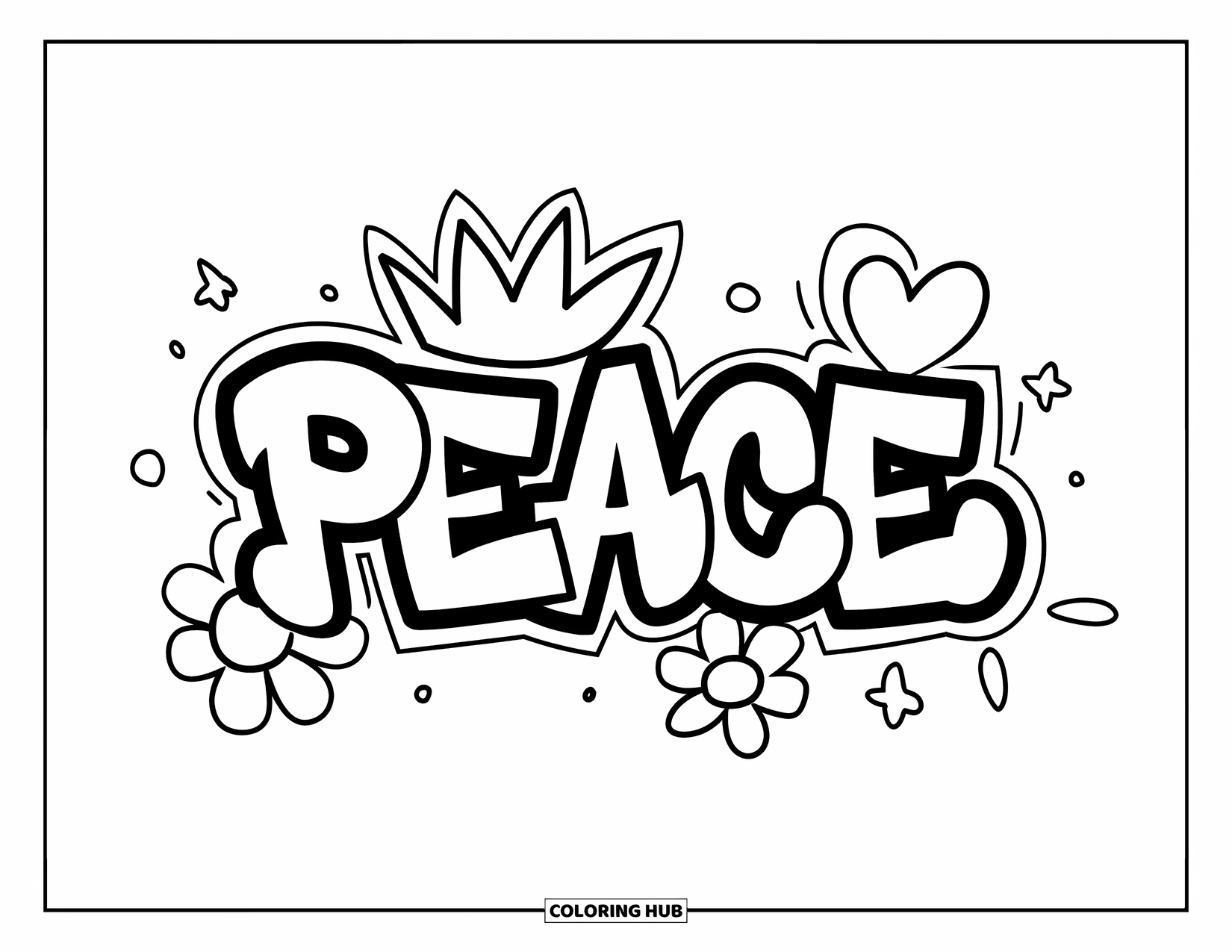 Graffiti Coloring Page for Kids: "PEACE" shines in graffiti style with a crown, heart, and flower doodles