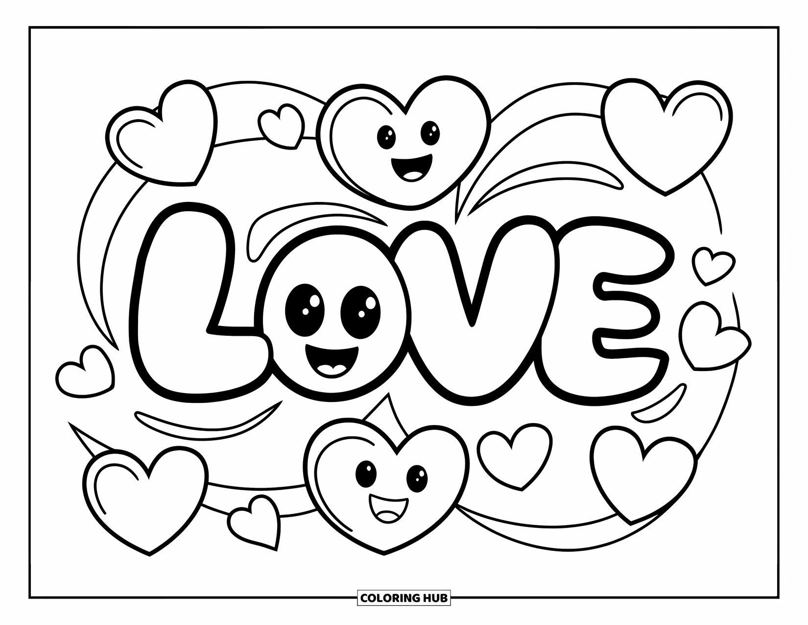 Graffiti Coloring Page for Kids: Smiley hearts and swirls dance around the word "LOVE" in bubbly letters