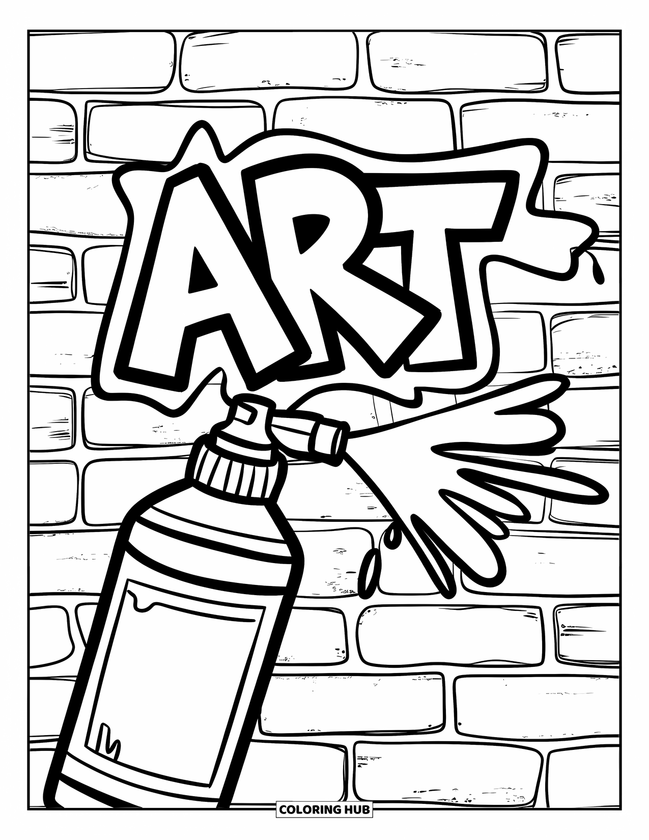 Graffiti Coloring Page for Kids: Spray bottle sprays "ART" in bold graffiti on a textured wall
