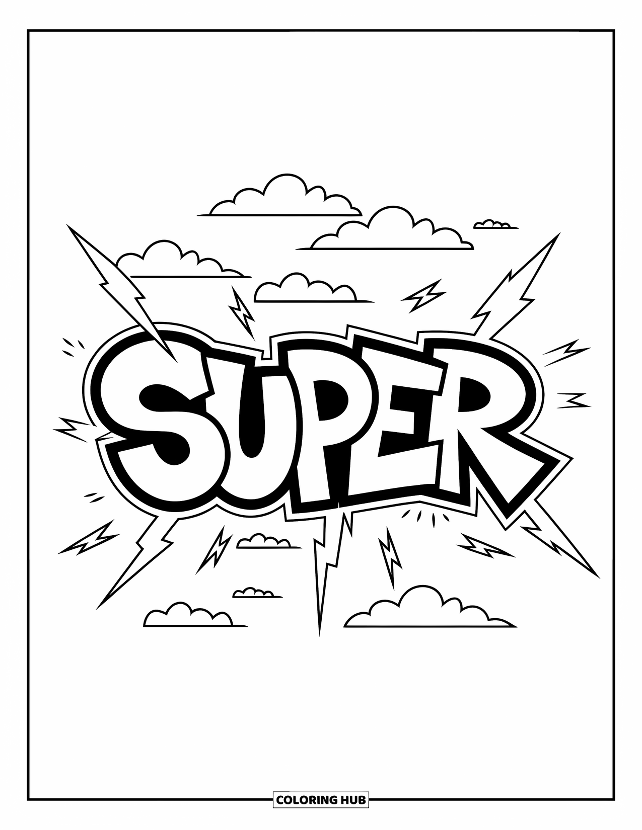 Graffiti Coloring Page for Kids: "SUPER" is packed with energy, clouds, and zapping lightning bolts