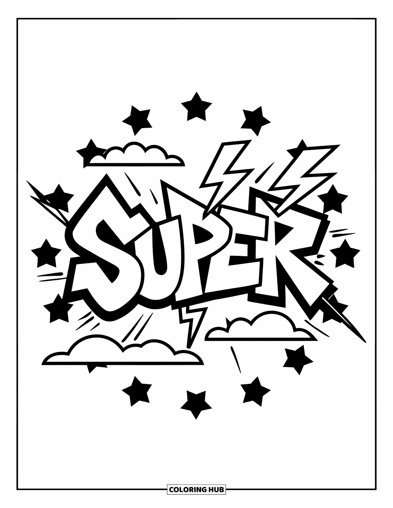 Graffiti Coloring Page for Kids: "SUPER" shines with stars, lightning, and fluffy clouds all around