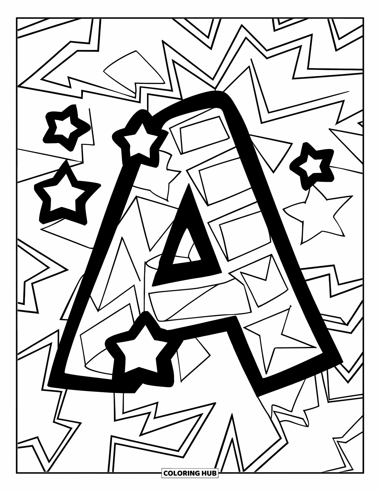 Graffiti Coloring Page for Kids: The letter "A" shines in graffiti style with stars floating nearby