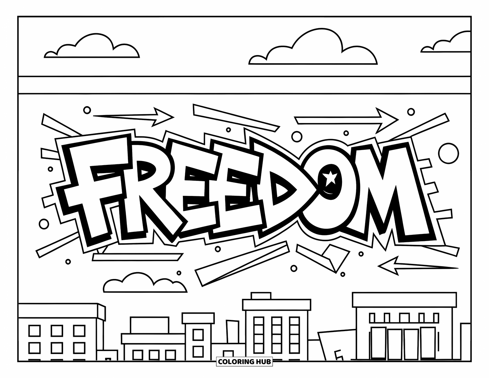 Graffiti Coloring Page for Kids: The word "FREEDOM" glows in graffiti among arrows and clouds over city buildings