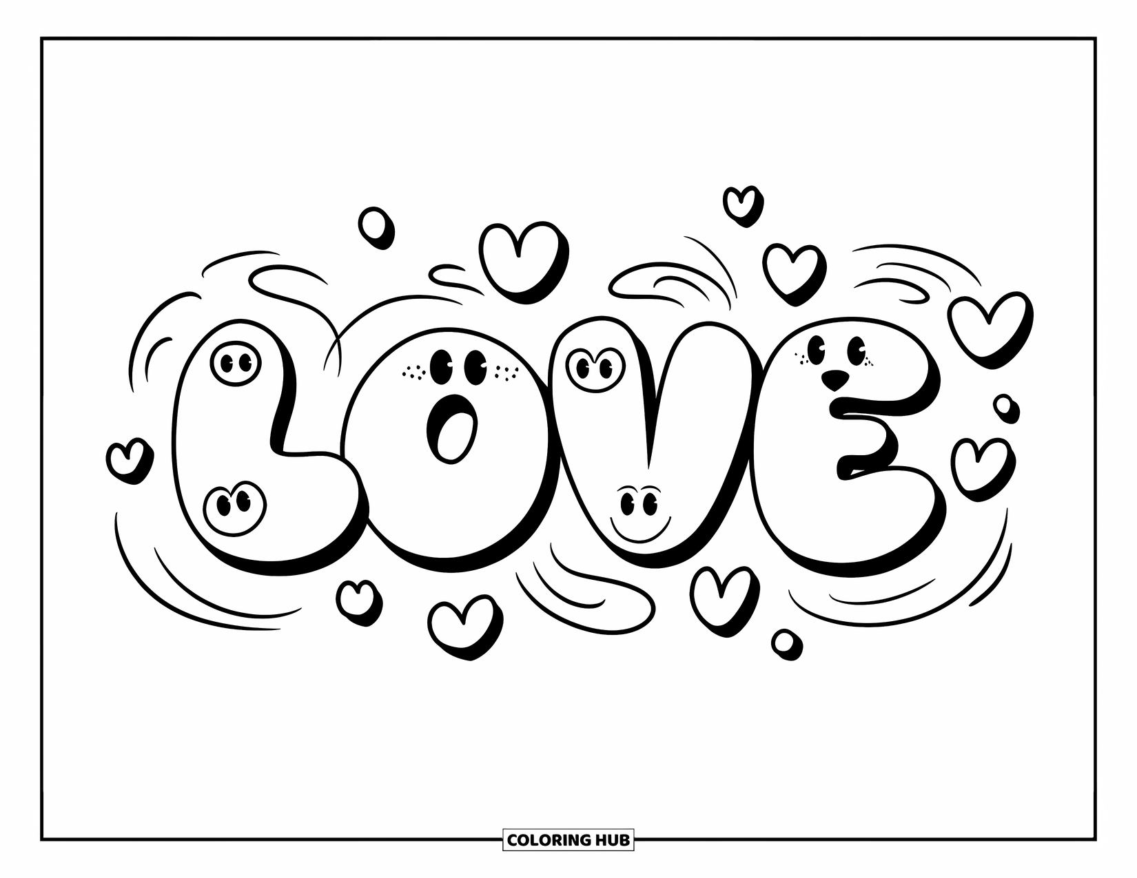 Graffiti Coloring Page for Kids: The word "LOVE" glows with hearts and swirls in a playful bubble style