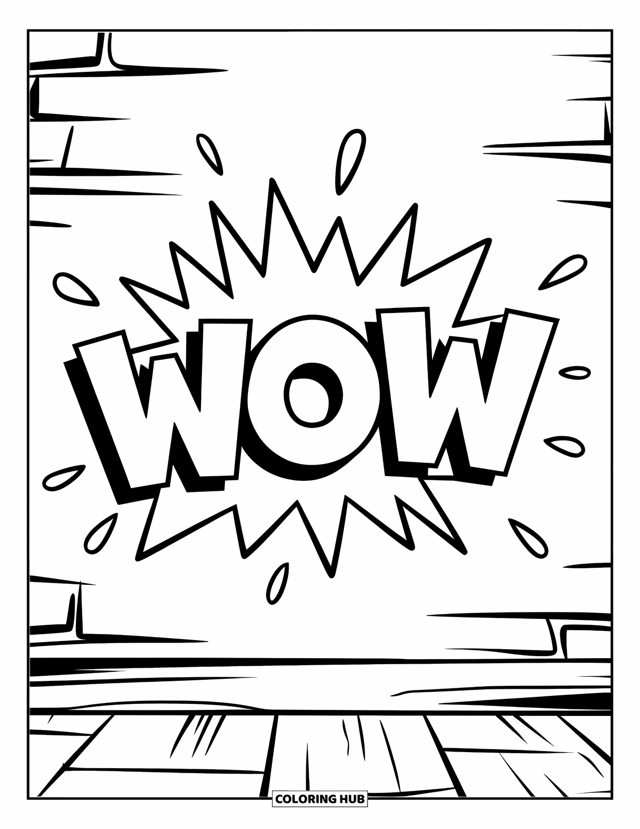 Graffiti Coloring Page for Kids: "WOW" is sprayed in chunky letters with fun doodle bursts around it