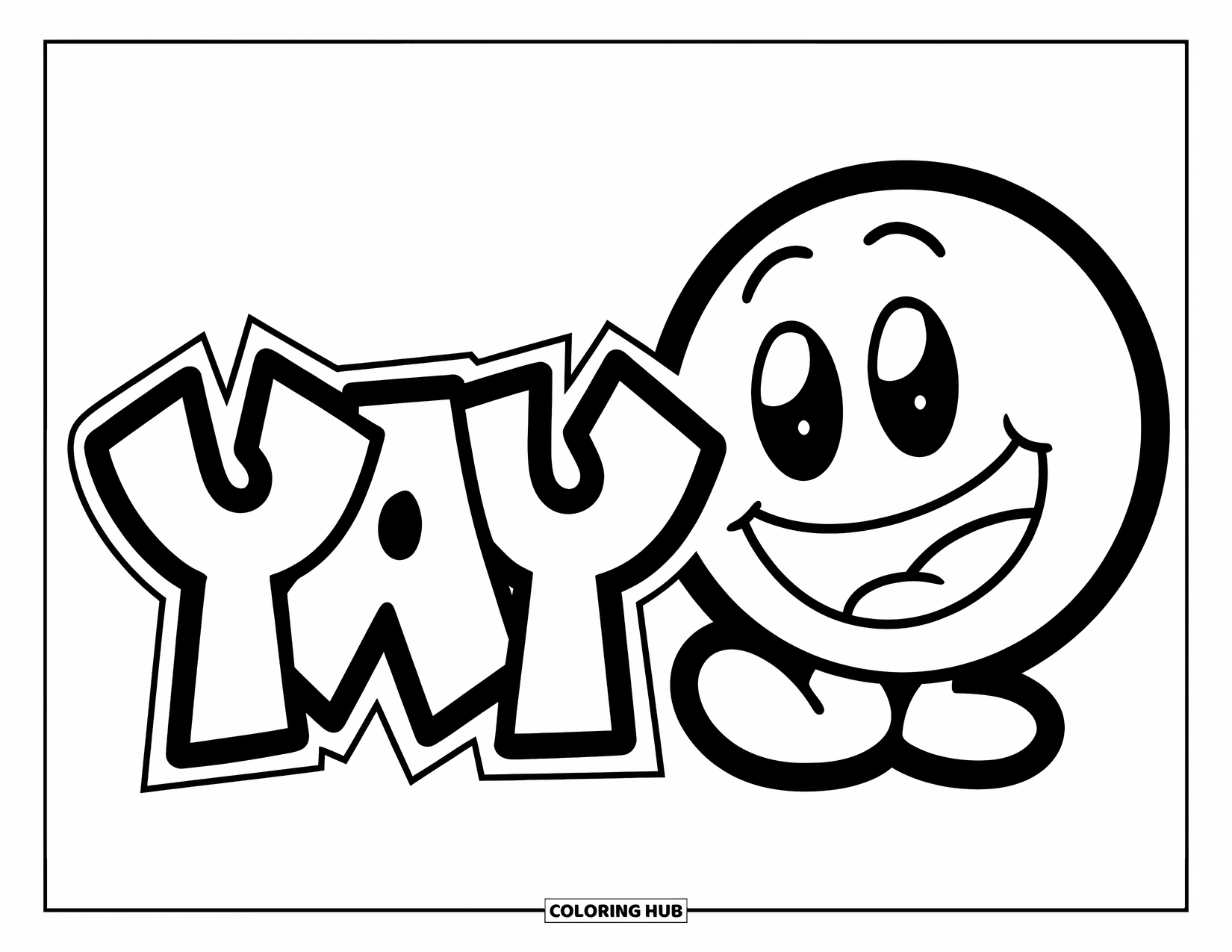 Graffiti Coloring Page for Kids: "YAY" shines above a smiley character with round eyes and a big grin