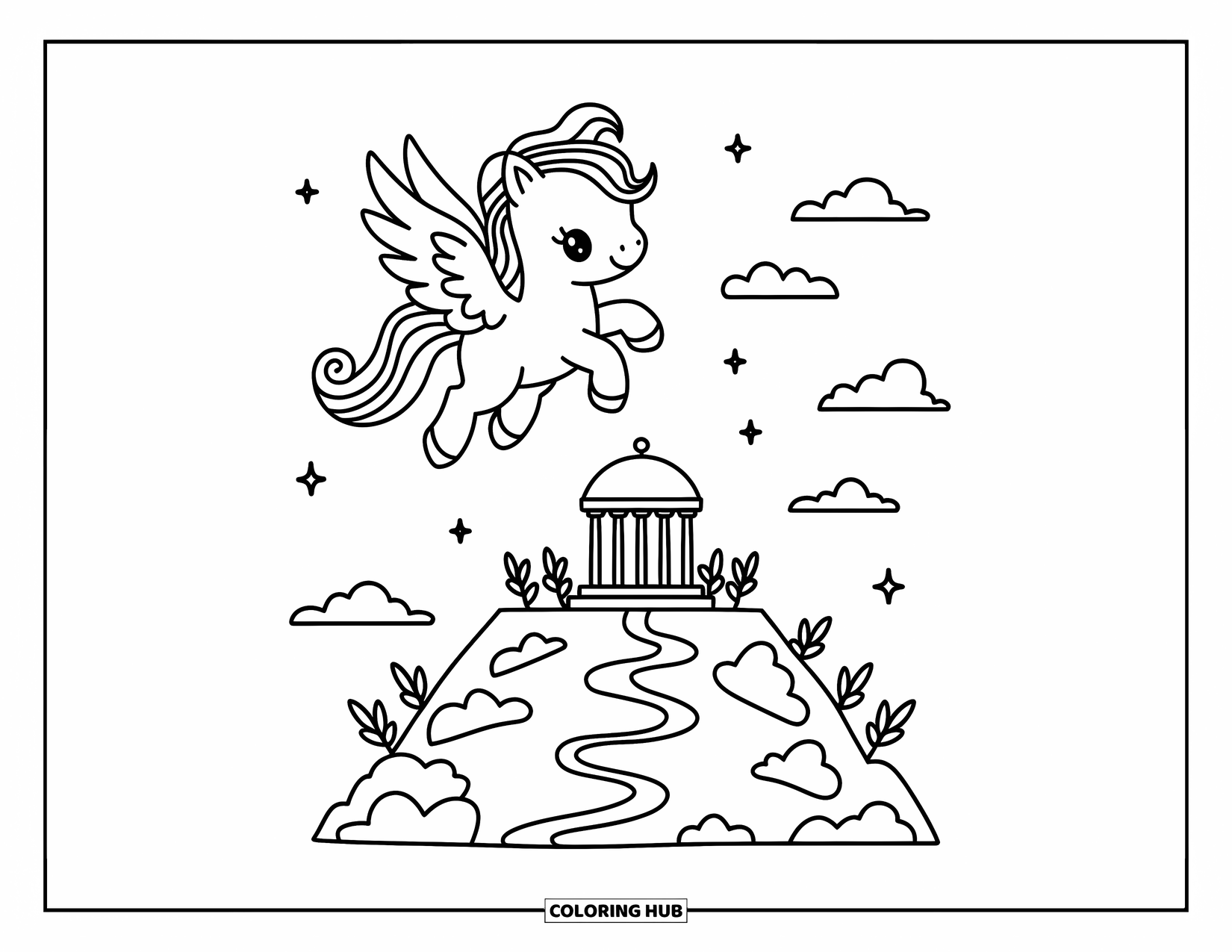 Greek Mythology Coloring Page for Adults: A fluttery Pegasus flies over a cloud-topped Olympus dotted with stars and tiny trees