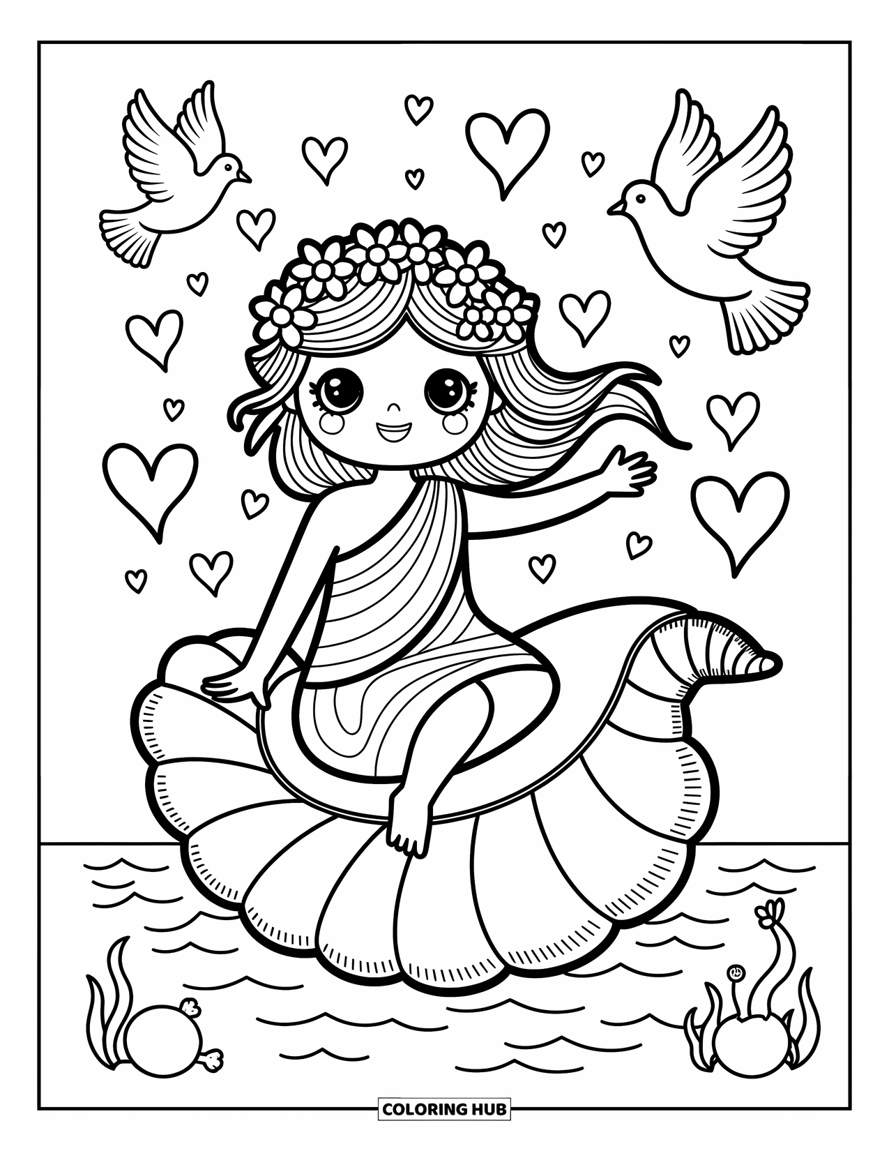 Greek Mythology Coloring Page for Adults: Aphrodite sits on a seashell with flying doves and playful ocean friends below
