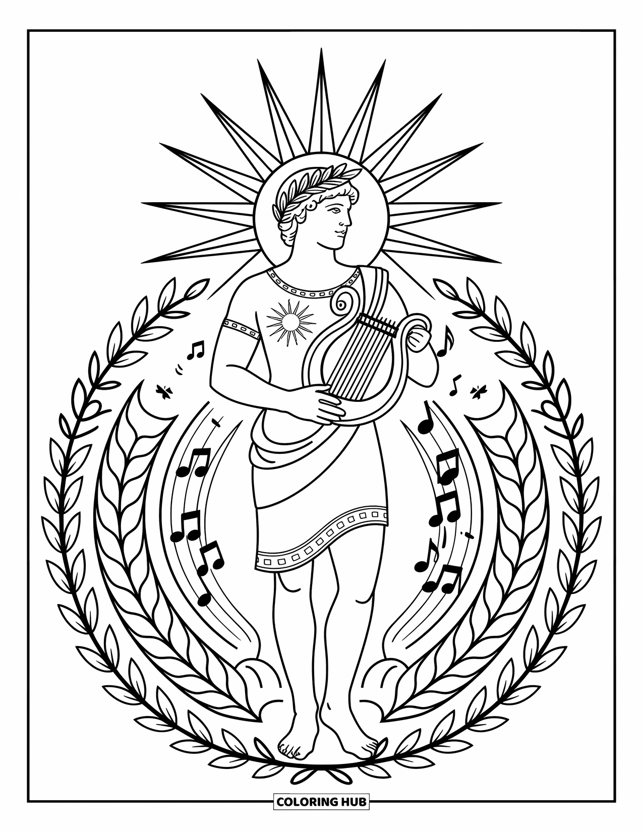 Greek Mythology Coloring Page for Adults: Apollo glows with a laurel crown and lyre, framed by sun and music mandalas