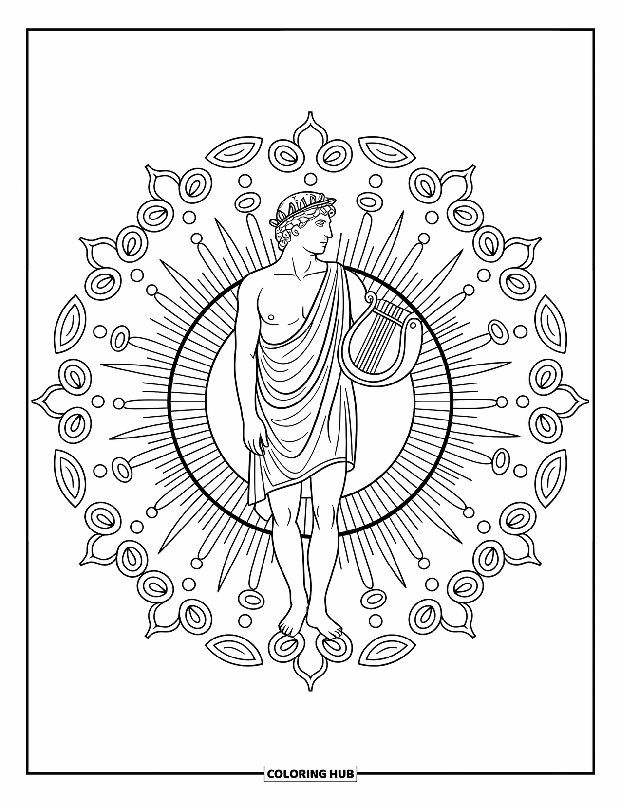 Greek Mythology Coloring Page for Adults: Apollo holds a lyre, surrounded by sun rays, music, and olive leaf loops