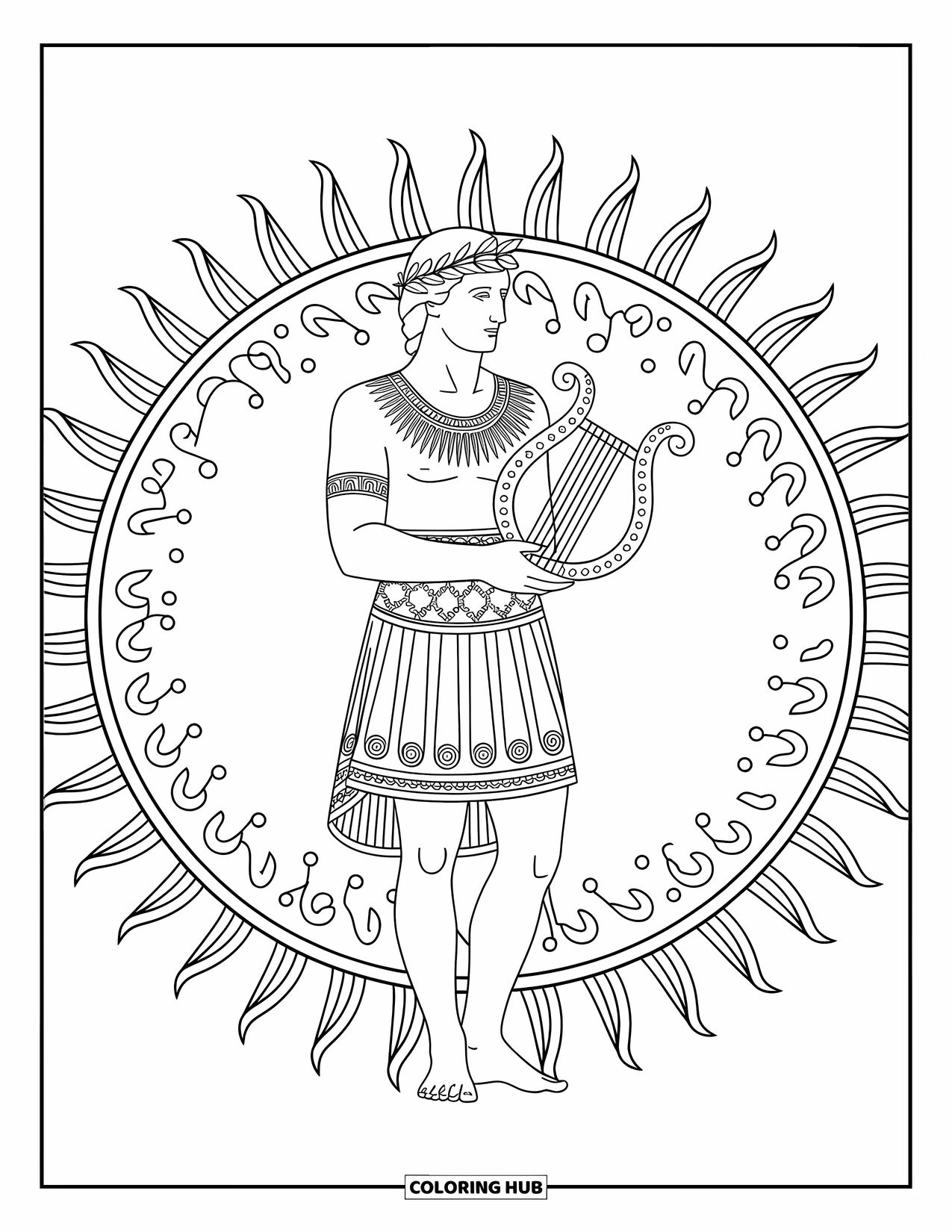 Greek Mythology Coloring Page for Adults: Apollo stands with his lyre in a sun-filled mandala of notes, rays, and leaves