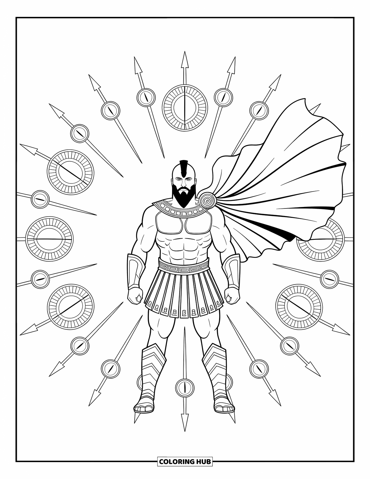 Greek Mythology Coloring Page for Adults: Ares commands attention in bold armor, wrapped in a mandala of ancient weaponry