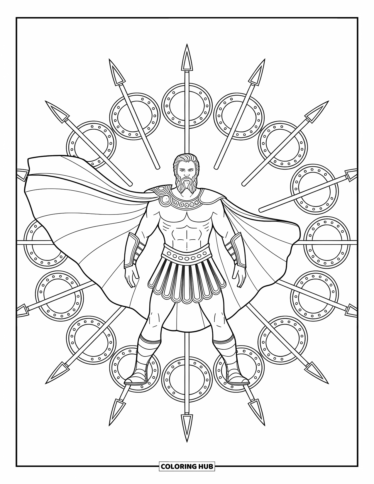 Greek Mythology Coloring Page for Adults: Ares rises in warlike grace, mandalas of spears and shields radiating behind him
