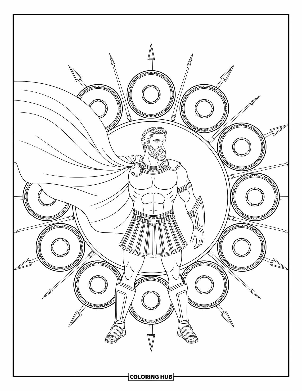 Greek Mythology Coloring Page for Adults: Ares stands strong in ornate armor, surrounded by shields and spears in a war mandala
