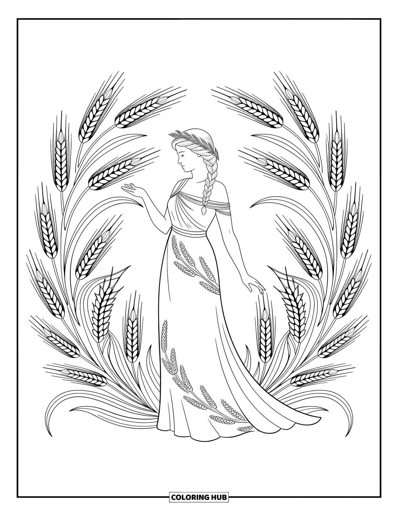 Greek Mythology Coloring Page for Adults: Demeter, crowned in barley, stands within a floral mandala of wheat and swirling vines