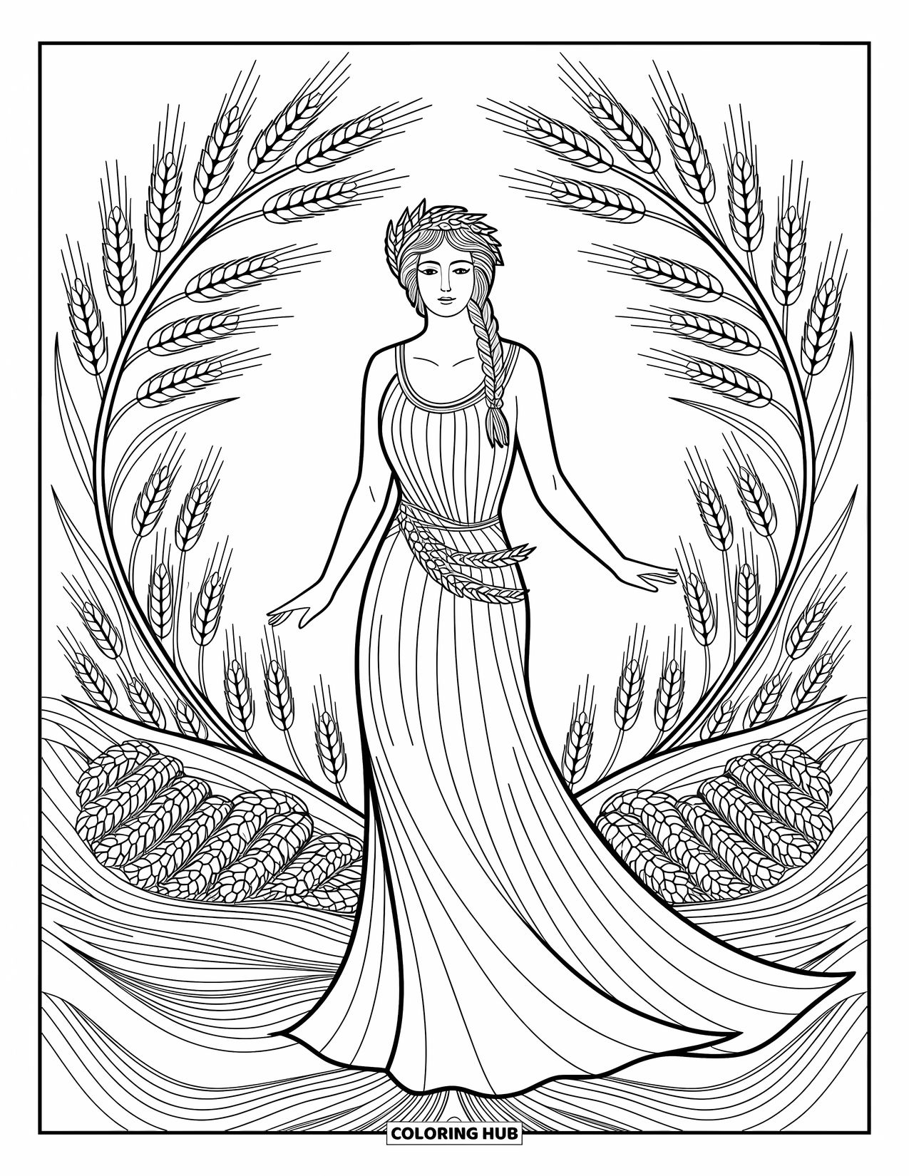 Greek Mythology Coloring Page for Adults: Demeter poses in flowing robes, framed by cornucopia spirals and barley wreaths