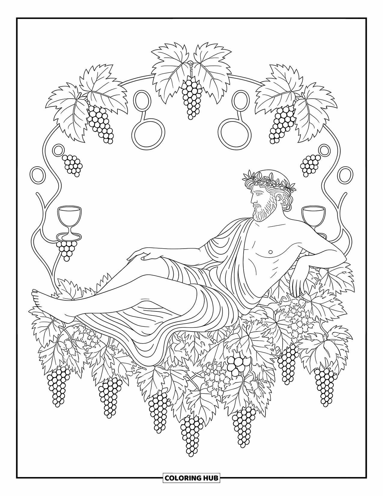 Greek Mythology Coloring Page for Adults: Dionysus relaxes in grapevines, wine goblets and vines forming elegant swirling patterns