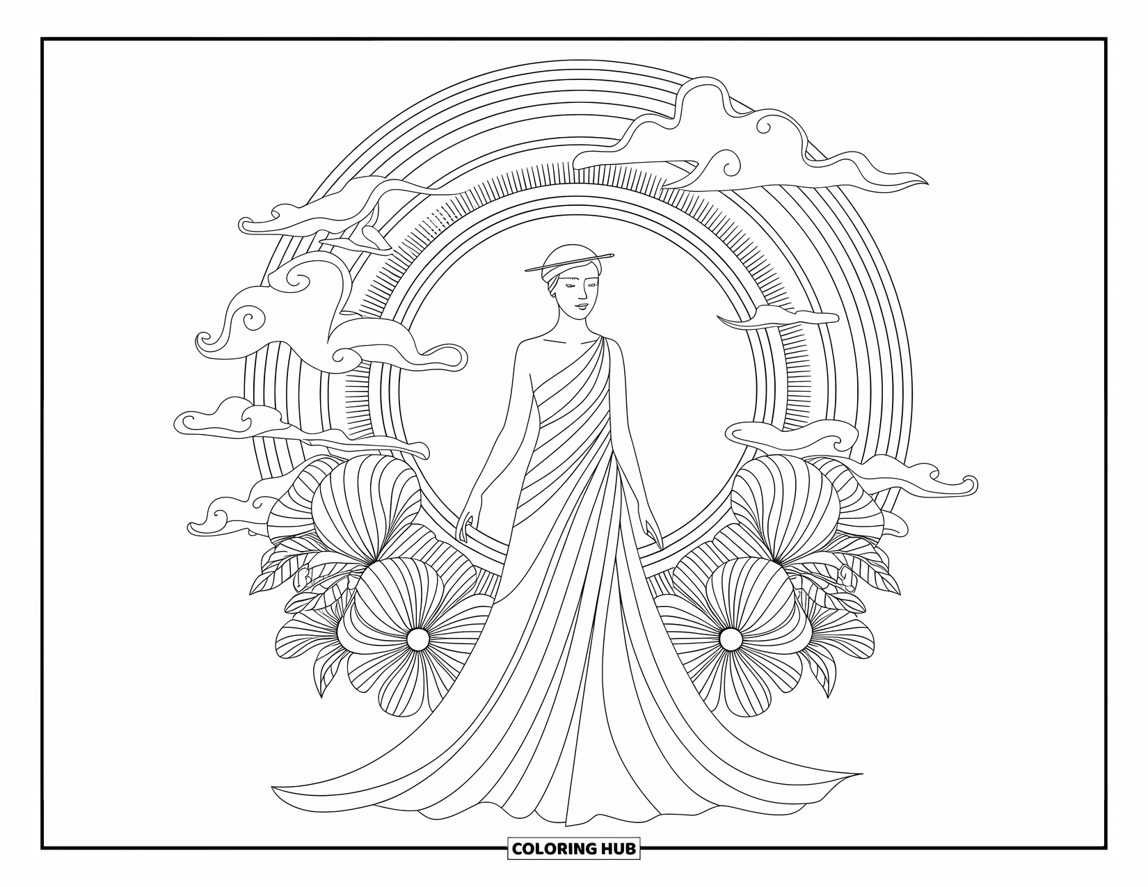 Greek Mythology Coloring Page for Adults: Eos shines in flowing robes, wrapped in clouds and blossoming sunlit mandalas