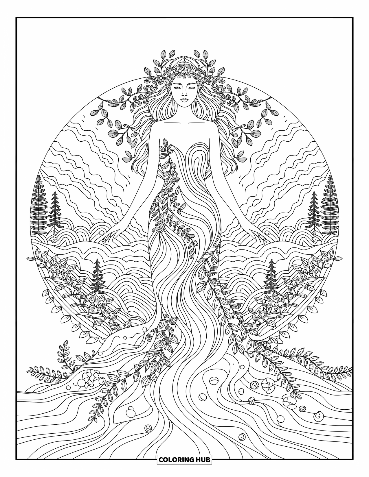 Greek Mythology Coloring Page for Adults: Gaia emerges from earth in flowing vines, mountains and waves swirling behind her