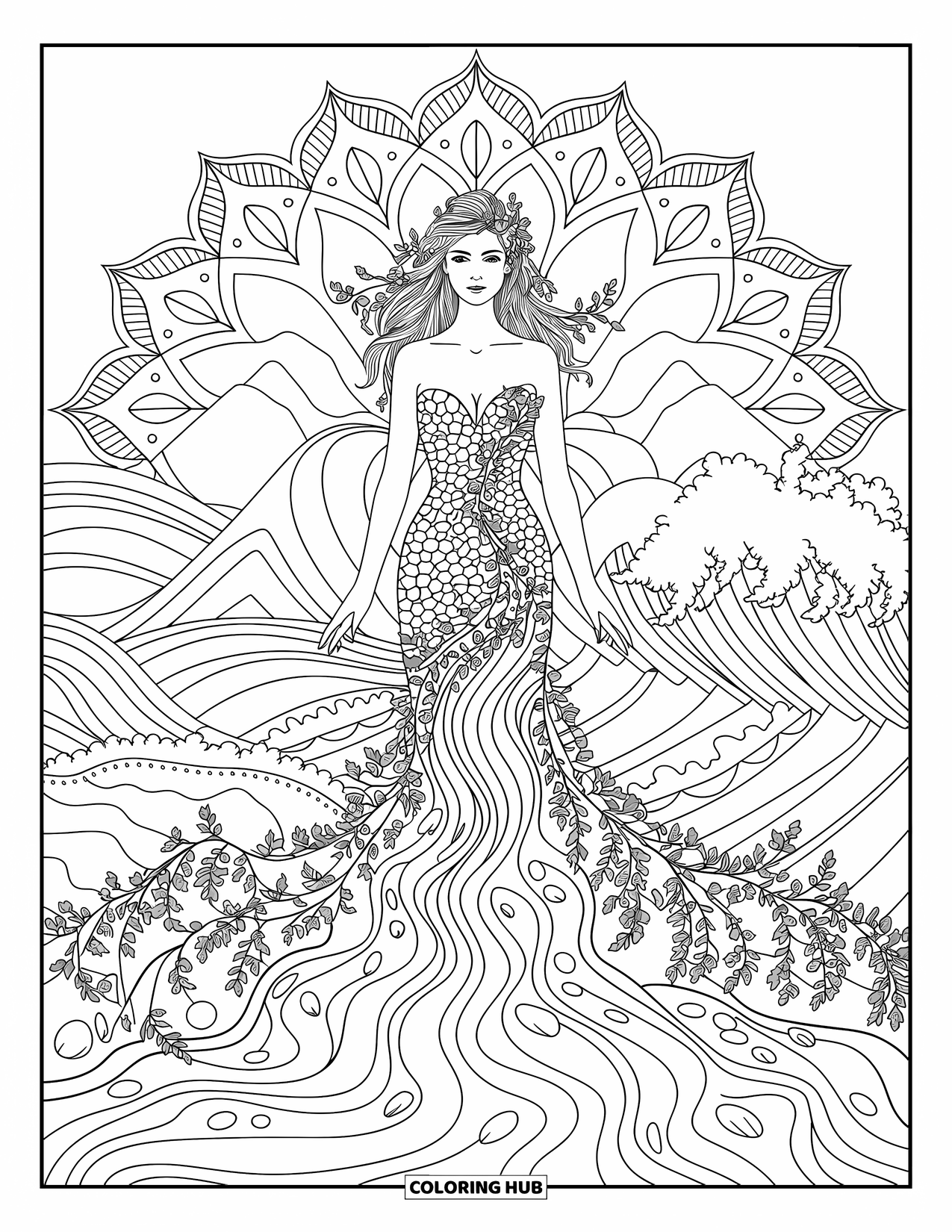 Greek Mythology Coloring Page for Adults: Gaia stands tall in leaves and rivers, framed by a peaceful nature mandala