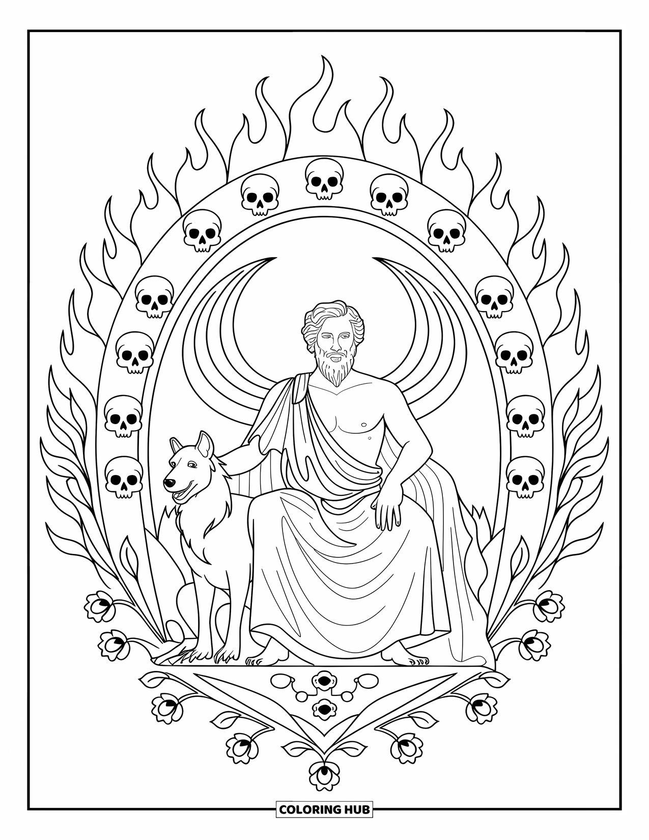 Greek Mythology Coloring Page for Adults: Hades rests regally as Cerberus guards him, surrounded by flames and poppy mandalas