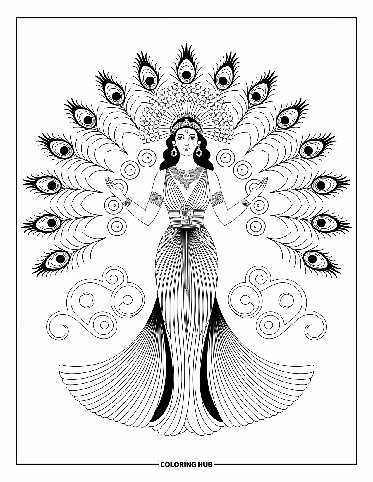 Greek Mythology Coloring Page for Adults: Hera stands proud in a pleated dress, framed by peacock plumes and elegant rings