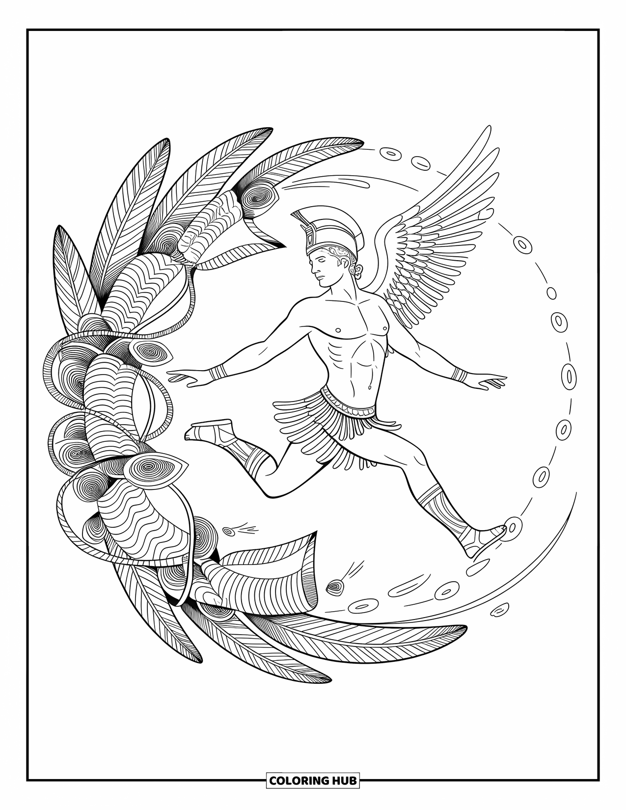 Greek Mythology Coloring Page for Adults: Hermes darts mid-leap, surrounded by scrolls, feathers, and swirling wind loops