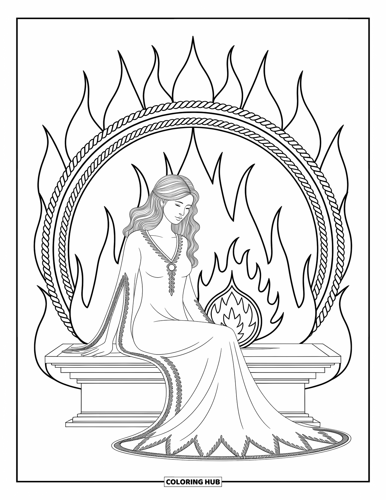 Greek Mythology Coloring Page for Adults: Hestia sits serene beside warm flames, temple domes and braids encircling her gently