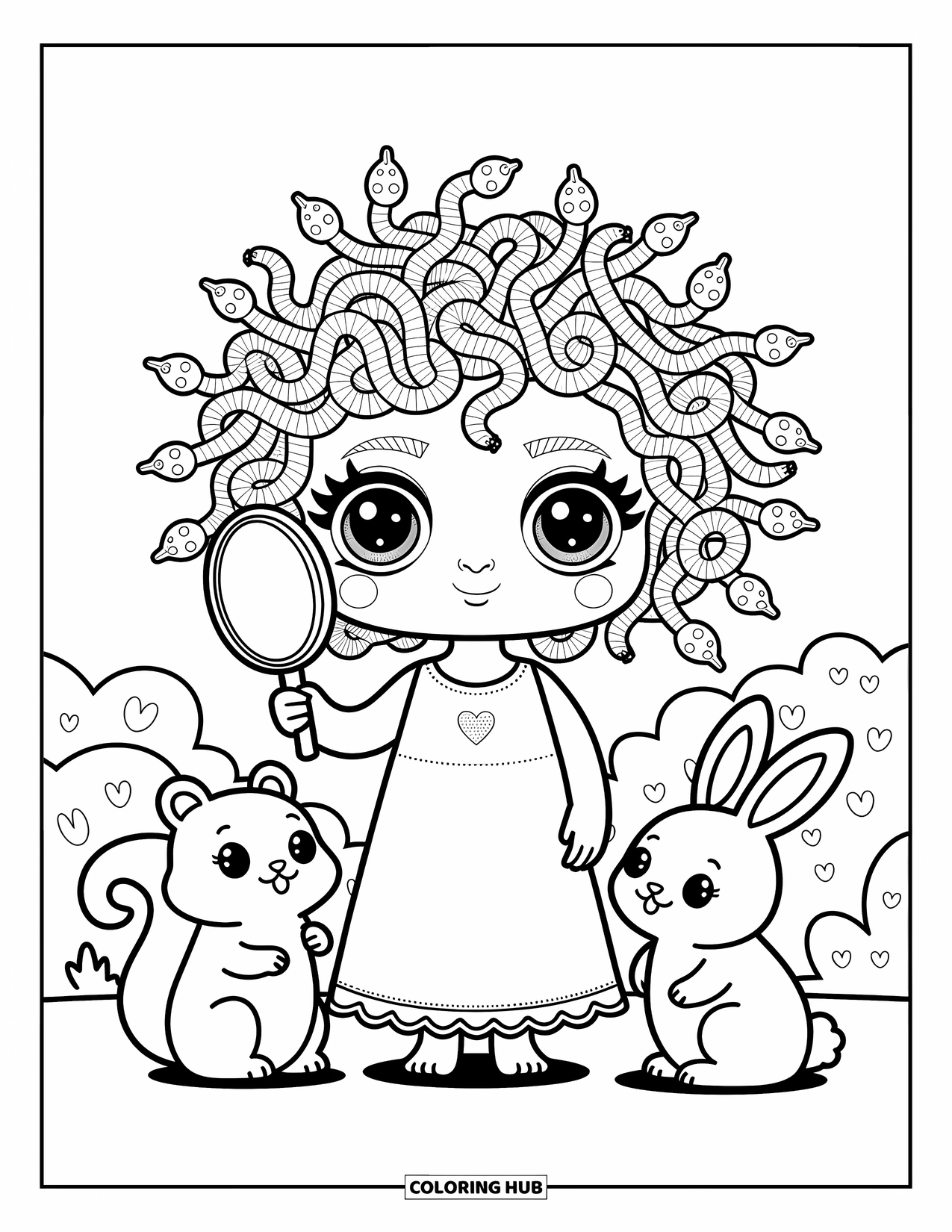 Greek Mythology Coloring Page for Adults: Medusa shyly smiles with coiled snake hair and friendly stone animals at her side
