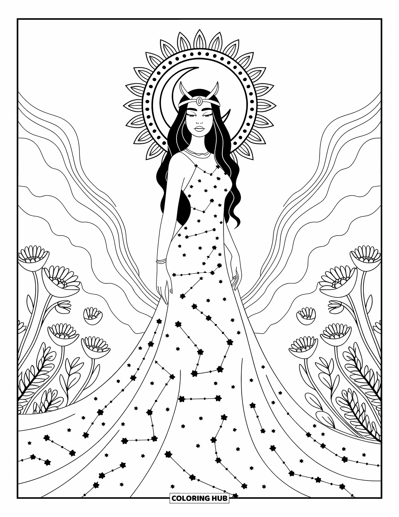 Greek Mythology Coloring Page for Adults: Nyx gazes calmly in a starry gown, framed by moons and swirling nebula mandalas