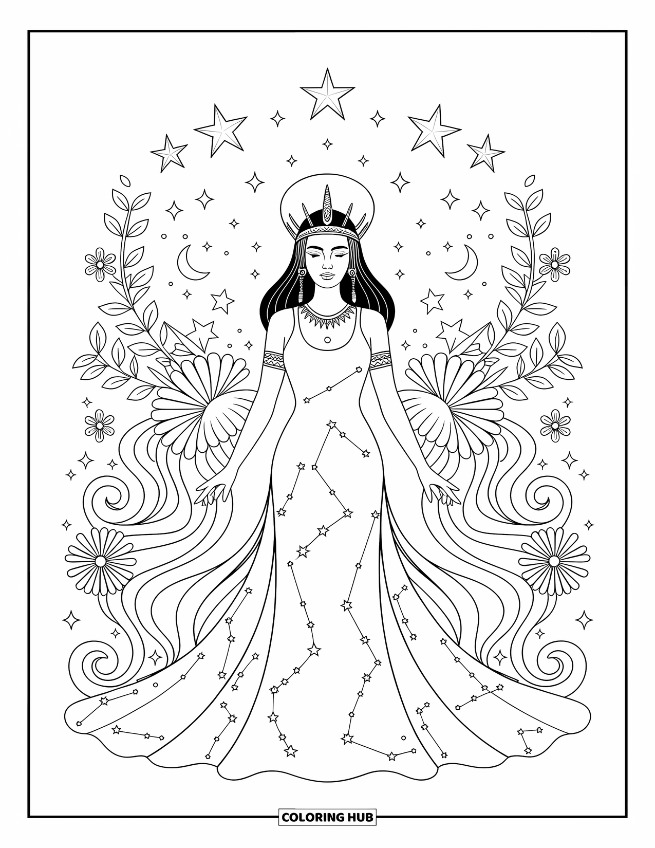 Greek Mythology Coloring Page for Adults: Nyx shines in her constellation gown, with celestial shapes swirling in a cosmic mandala