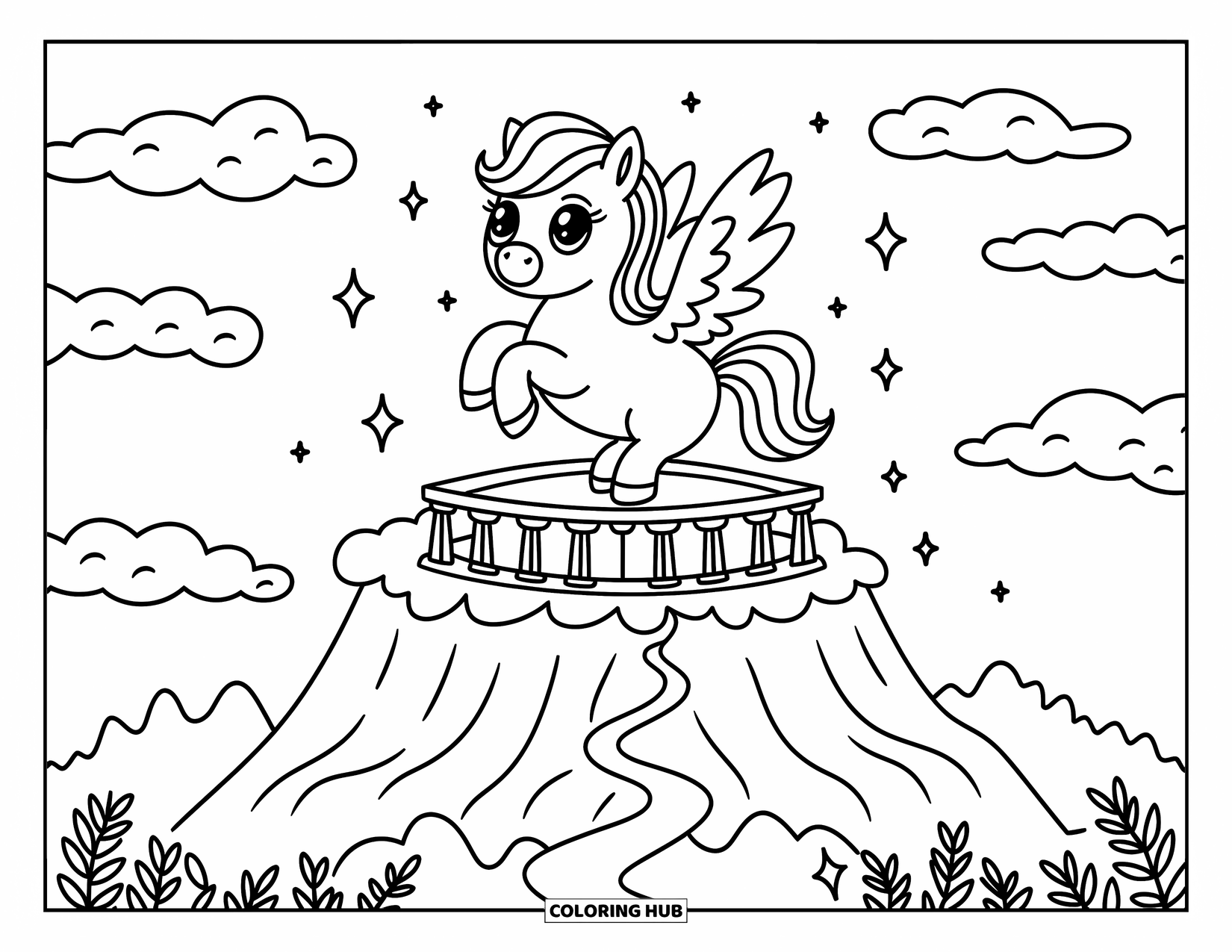 Greek Mythology Coloring Page for Adults: Pegasus flies happily above cartoonish Mount Olympus, with sparkles and winding paths below