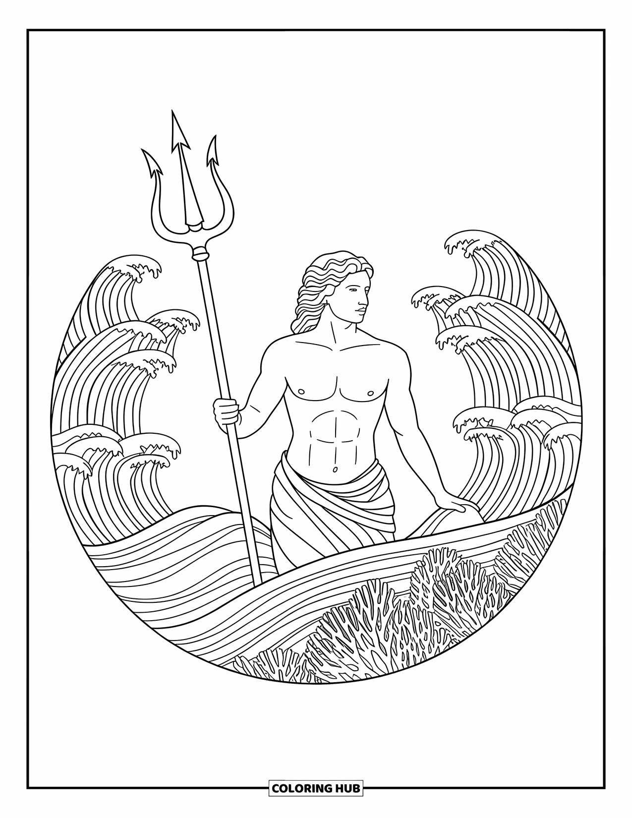 Greek Mythology Coloring Page for Adults: Poseidon lifts his trident in seafoam robes, surrounded by coral and wave patterns