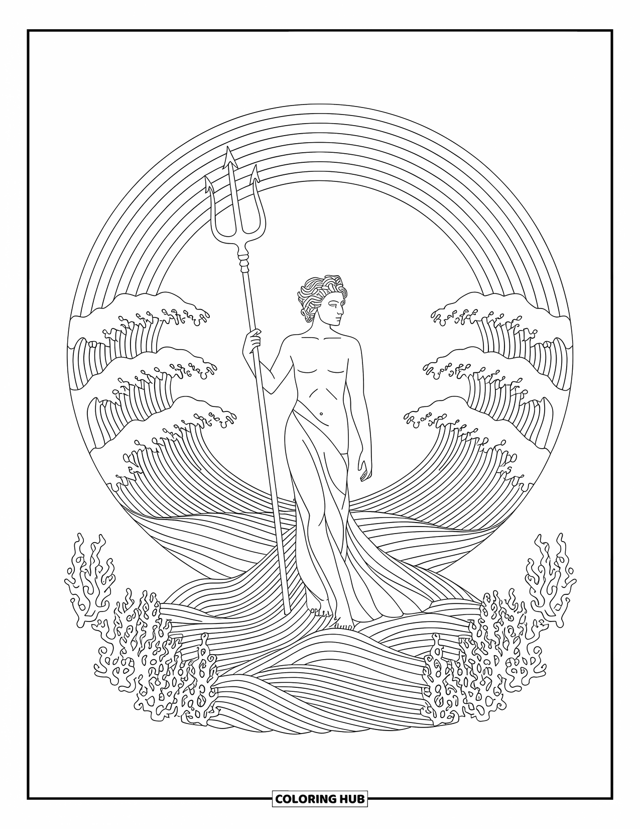 Greek Mythology Coloring Page for Adults: Poseidon stands tall in swirling waters, surrounded by sea mandalas and reef spirals