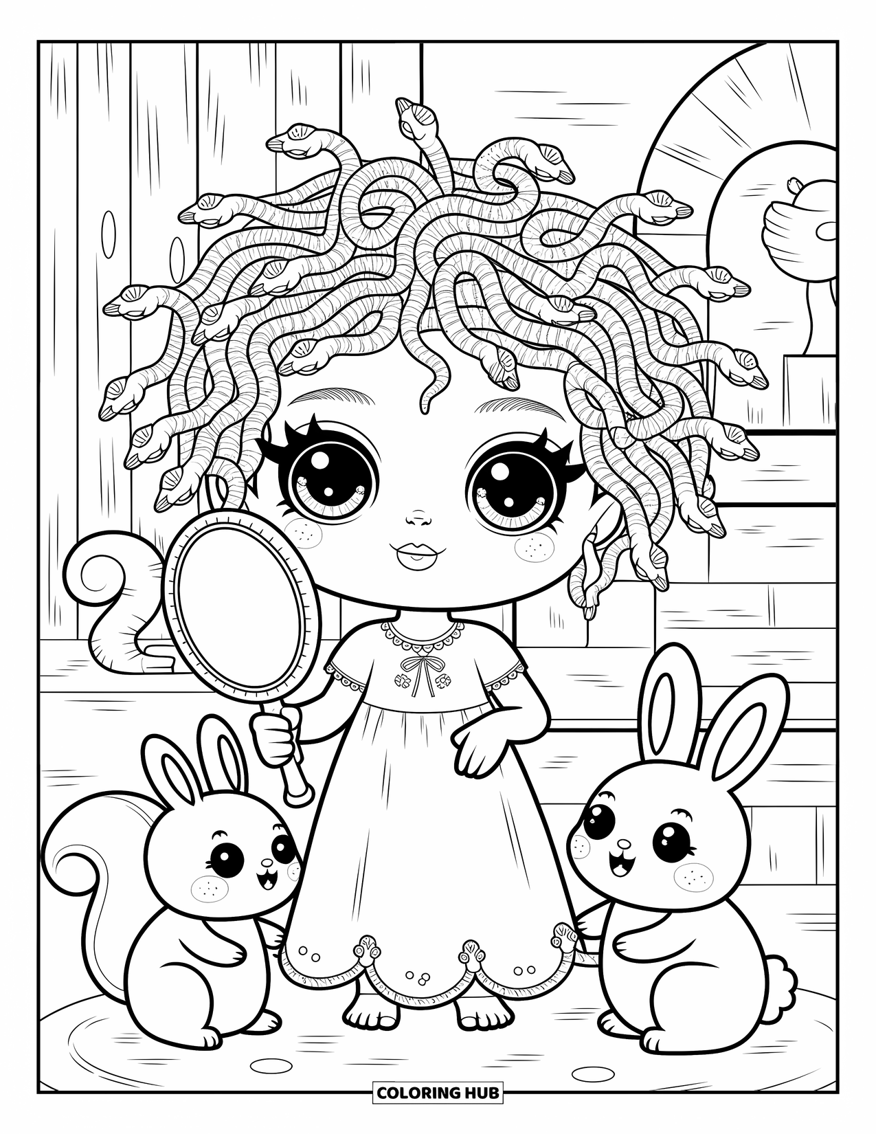 Greek Mythology Coloring Page for Adults: Shy Medusa holds a mirror, surrounded by stone critters and smiling snake curls