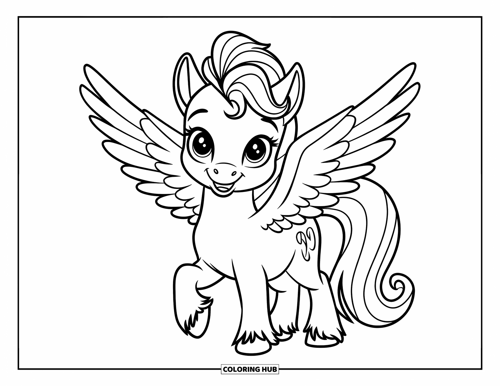 Greek Mythology Coloring Page for Kids: A cute baby Pegasus stands proud with its curly mane and wings open
