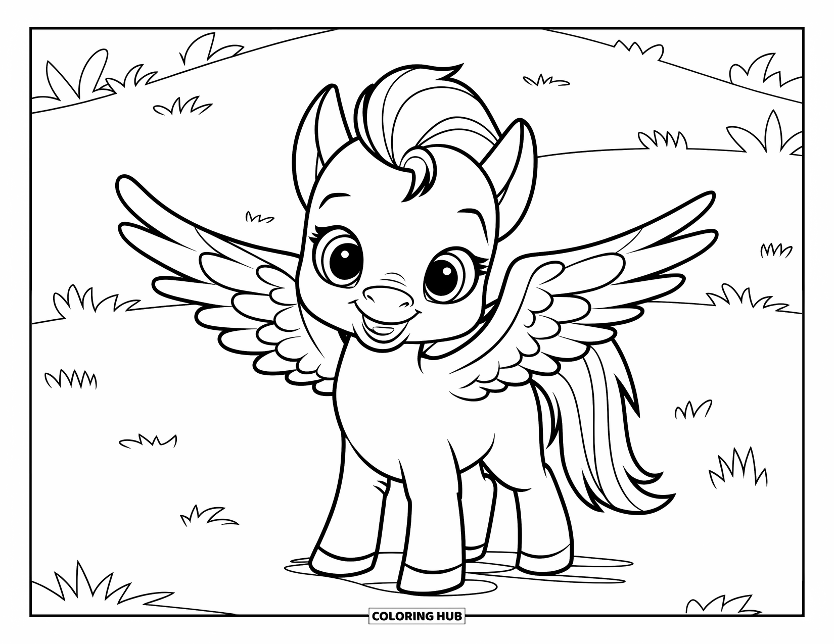 Greek Mythology Coloring Page for Kids: A fluffy Pegasus poses happily in a bright, grassy field