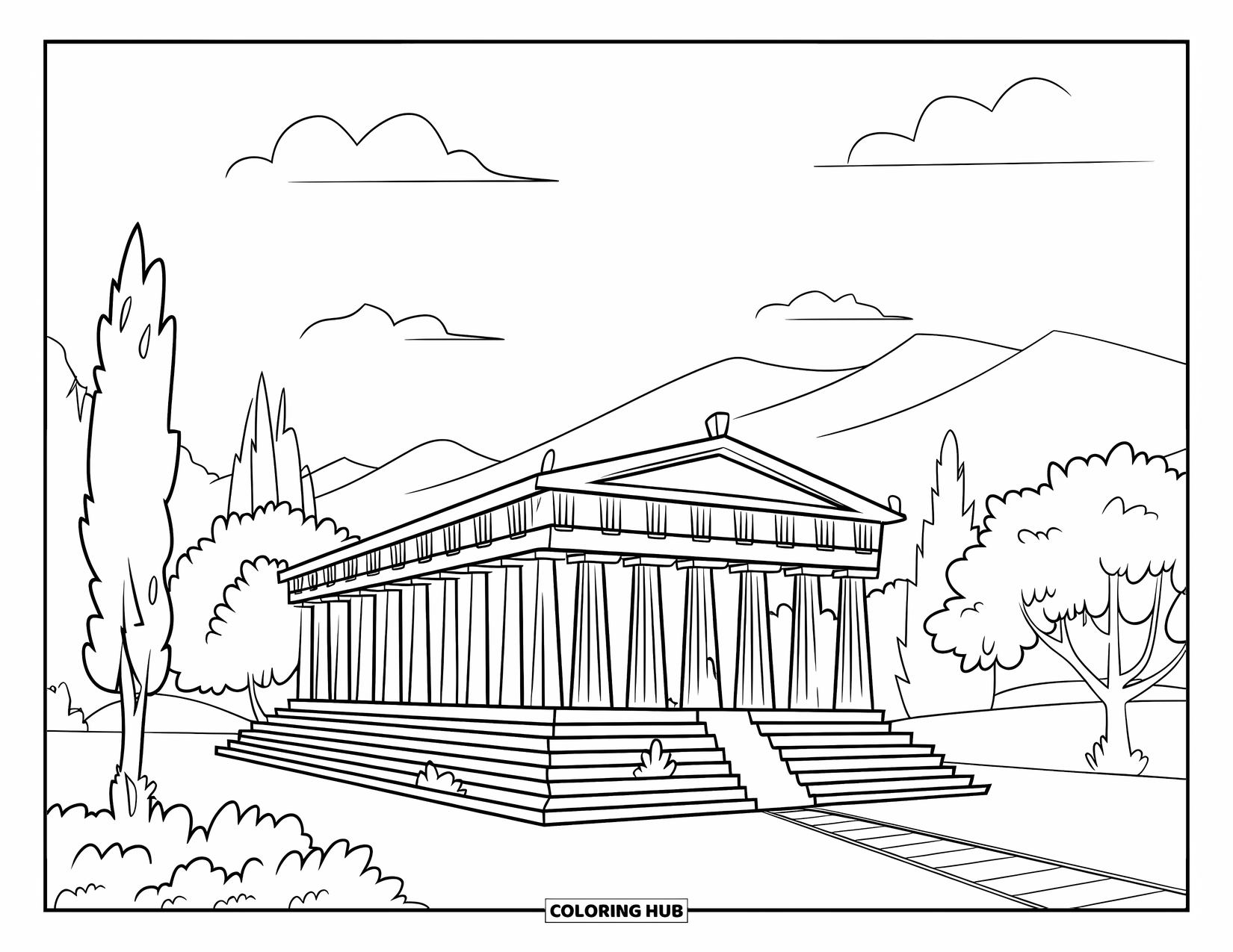 Greek Mythology Coloring Page for Kids: A peaceful Greek temple stands tall, surrounded by trees and mountains