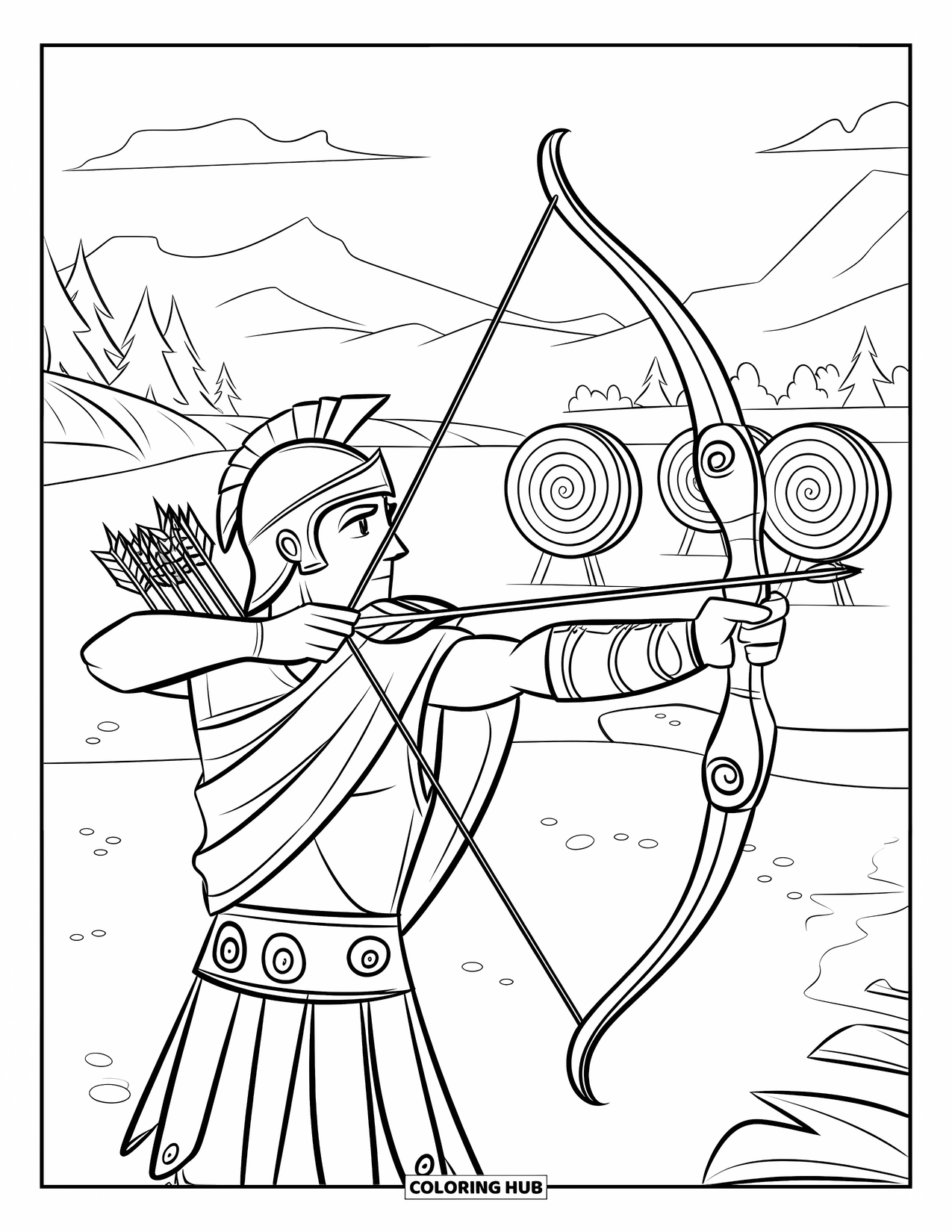 Greek Mythology Coloring Page for Kids: Apollo aims carefully at a target surrounded by trees and distant mountains