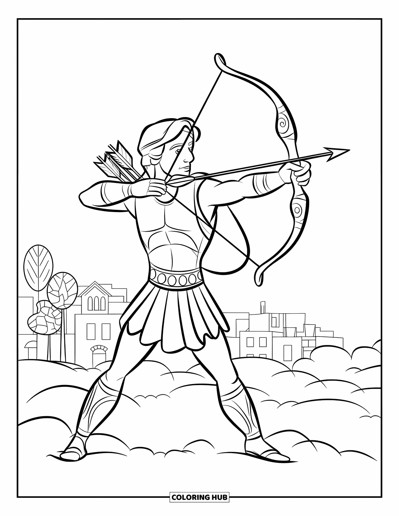 Greek Mythology Coloring Page for Kids: Apollo shoots arrows at a target while standing high above the clouds