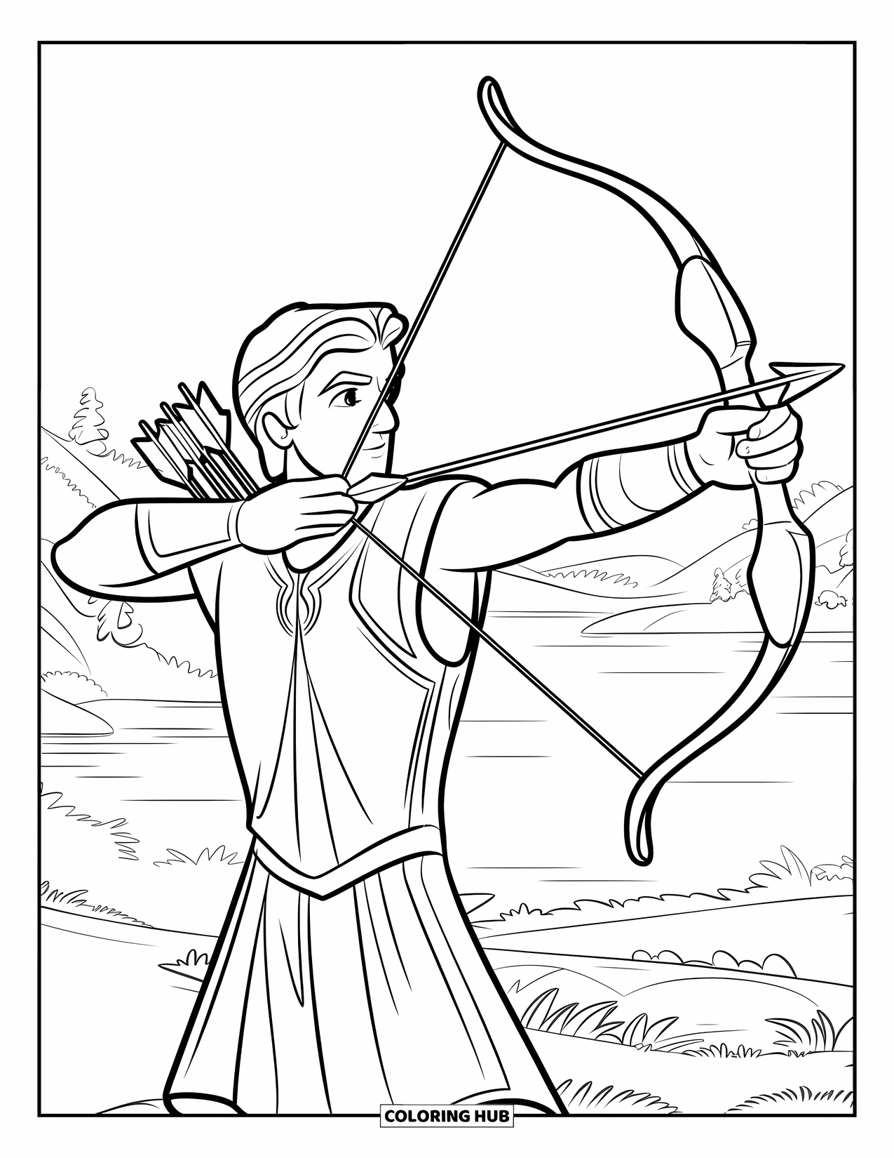 Greek Mythology Coloring Page for Kids: Apollo stands tall, shooting arrows over a peaceful, green landscape